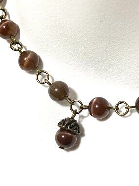 Purple Cat's Eye Adjustable Short Necklace w/ Cute Bronze Acorn Pendant